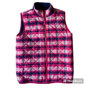 Vineyard Vines Plaid/Sherpa Youth XL Reversible Vest Pink/Blue EUC